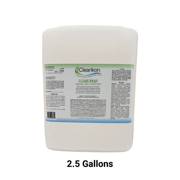 Image is of a 2.5 gallon container of ClearSpray Hospital Level Disinfectant, the best all natural disinfectant cleaner.