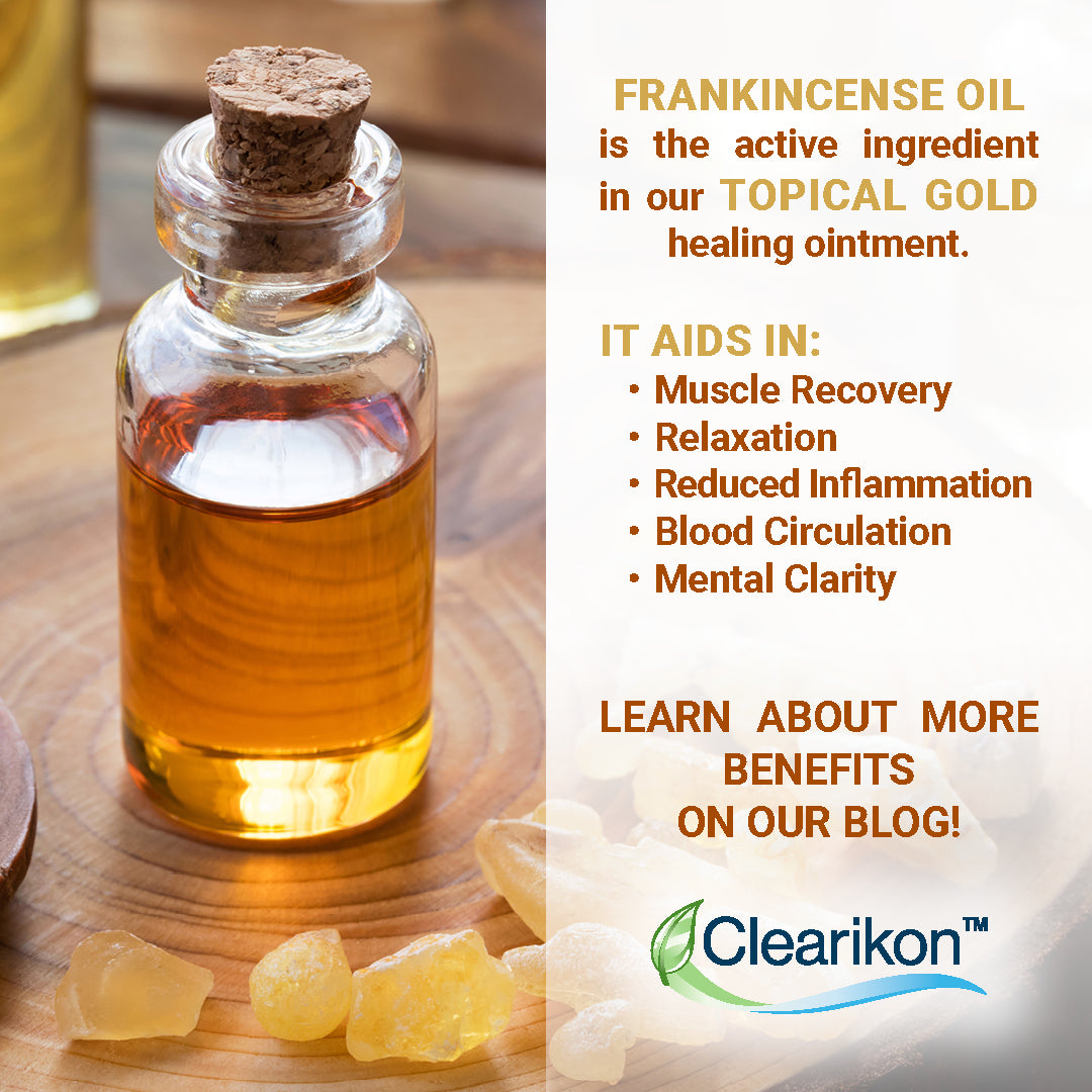 Frankincense oil is the active ingredient in our Topical Gold healing ointment. It aids in: muscle recovery, relaxation, reduced inflammation, blood circulation, and mental clarity.  Learn more about its benefits on our blog! Image is of frankincense oil.