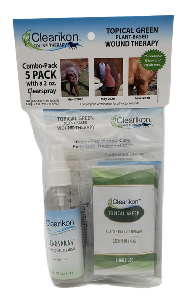 Image shows the front of the packaged Clearikon Pet First Aid Kit 5 pack for natural wound healing.