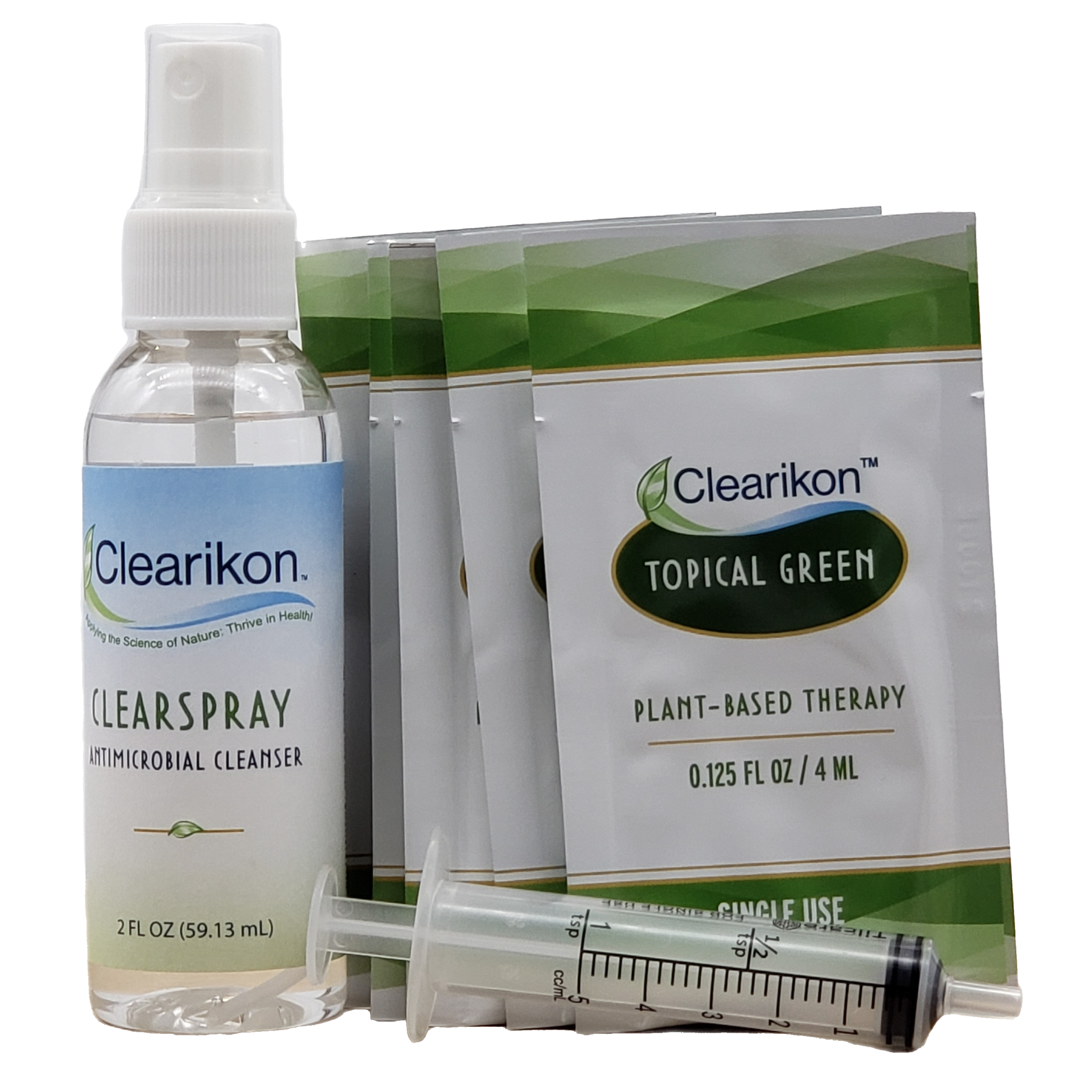 Image shows products for natural wound healing: 5 packets of Topical Green, a 2 fl oz bottle of ClearSpray Antimicrobial Cleanser, and a syringe for topical application