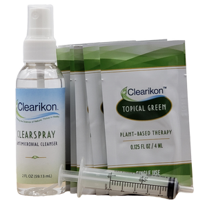 Image shows products for natural wound healing: 5 packets of Topical Green, a 2 fl oz bottle of ClearSpray Antimicrobial Cleanser, and a syringe for topical application