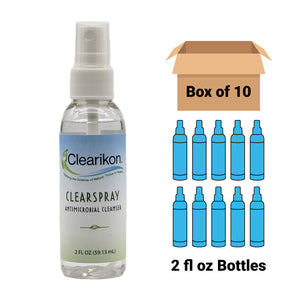 Image is of a 2 fl oz bottle of Clearikon ClearSpray Antimicrobial Cleanser, a natural skin sanitizer. Comes in a box of 10 bottles.