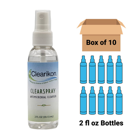 Image is of a 2 fl oz bottle of Clearikon ClearSpray Antimicrobial Cleanser, a natural skin sanitizer. Comes in a box of 10 bottles.
