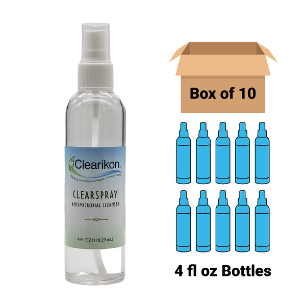 Image is of a 4 fl oz bottle of Clearikon ClearSpray Antimicrobial Cleanser, a natural skin sanitizer. Comes in a box of 10 bottles.