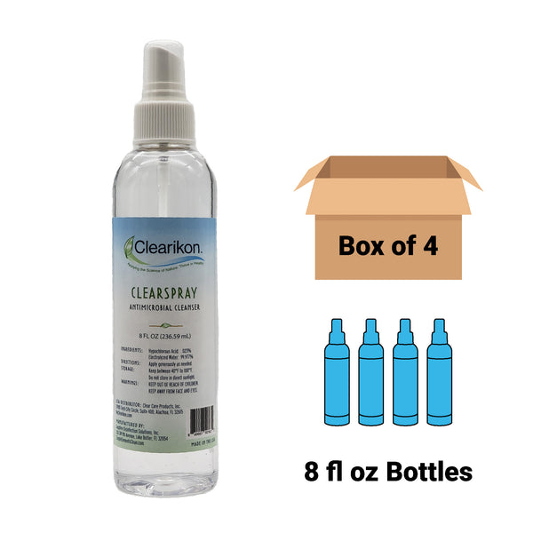 Image is of an 8 fl oz bottle of Clearikon ClearSpray Antimicrobial Cleanser, a natural skin sanitizer. Comes in a box of 4 bottles.
