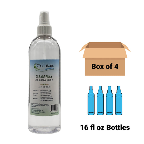 Image is of a 16 fl oz bottle of Clearikon ClearSpray Antimicrobial Cleanser, a natural skin sanitizer. Comes in a box of 4 bottles.