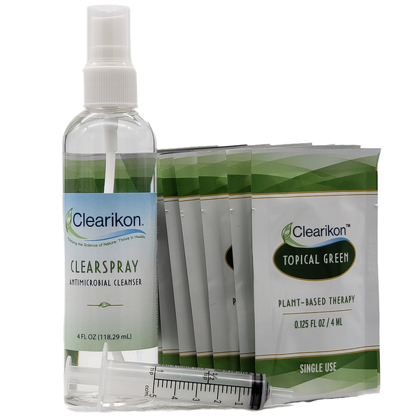 Image shows products for natural wound healing: 10 packets of Topical Green, a 4 fl oz bottle of ClearSpray Antimicrobial Cleanser, and a syringe for topical application