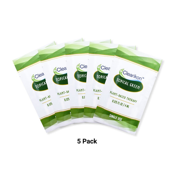 Shows Topical Green 5 pack packets for slow healing wounds and natural skin rejuvenation.