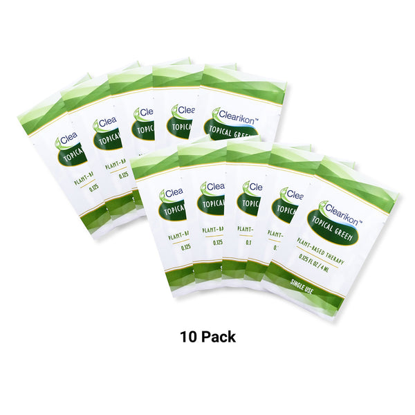 Shows Topical Green 10 pack packets for slow healing wounds and natural skin rejuvenation.
