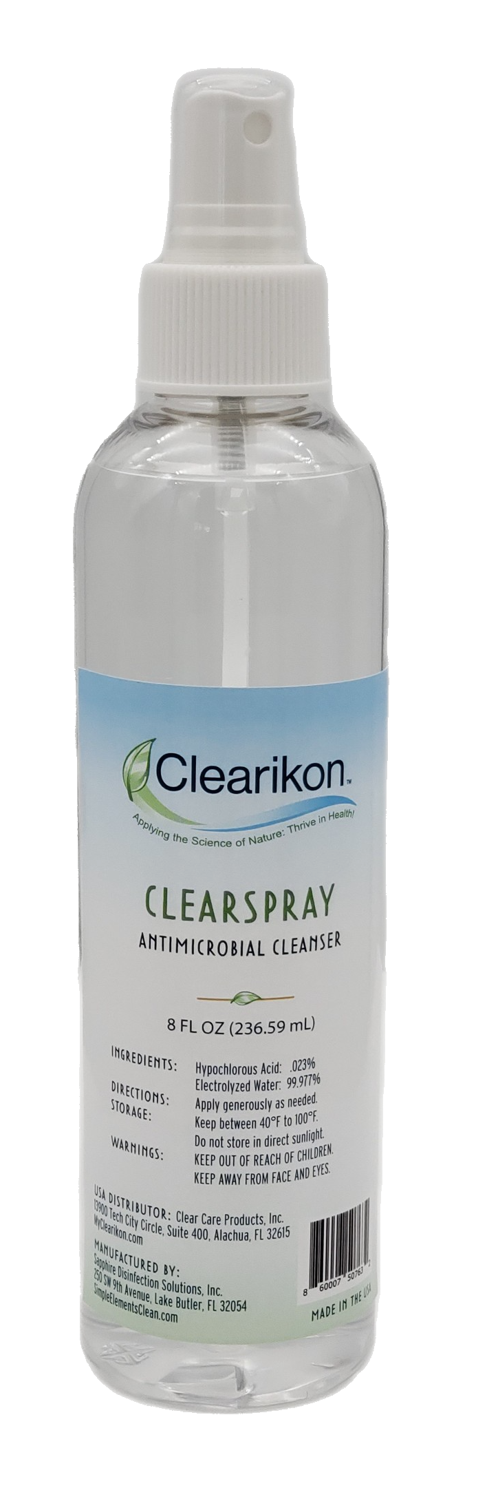 Image is of an 8 fl oz bottle of Clearikon ClearSpray Antimicrobial Cleanser, a natural skin sanitizer. 