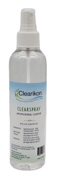 Image is of an 8 fl oz bottle of Clearikon ClearSpray Antimicrobial Cleanser, a natural skin sanitizer. 