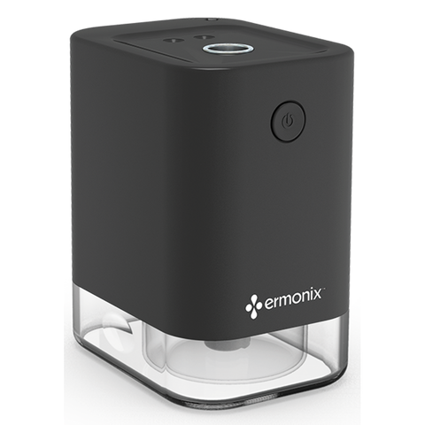 Image is a 3/4 view of the black ClearSpray Electronic Atomizer product which disperses ClearSpray, a natural skin sanitizer